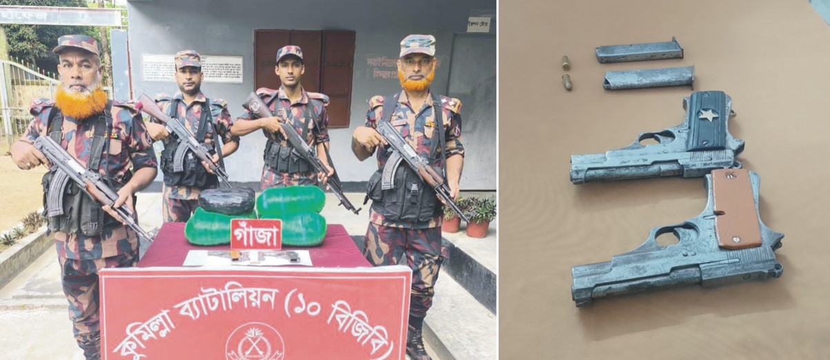 কুমিল্লা সীমান্তে দুইটি বিদেশি  পিস্তল, ম্যাগাজিন-গুলি জব্দ 