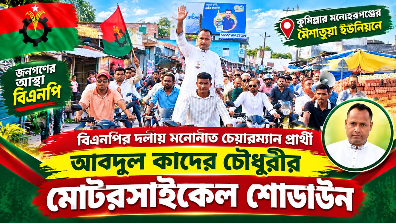 মনোহরগঞ্জের মৈশাতুয়ায় বিএনপি প্রার্থী কাদের চৌধুরীর সমর্থনে বিশাল মোটরসাইকেল শোডাউন