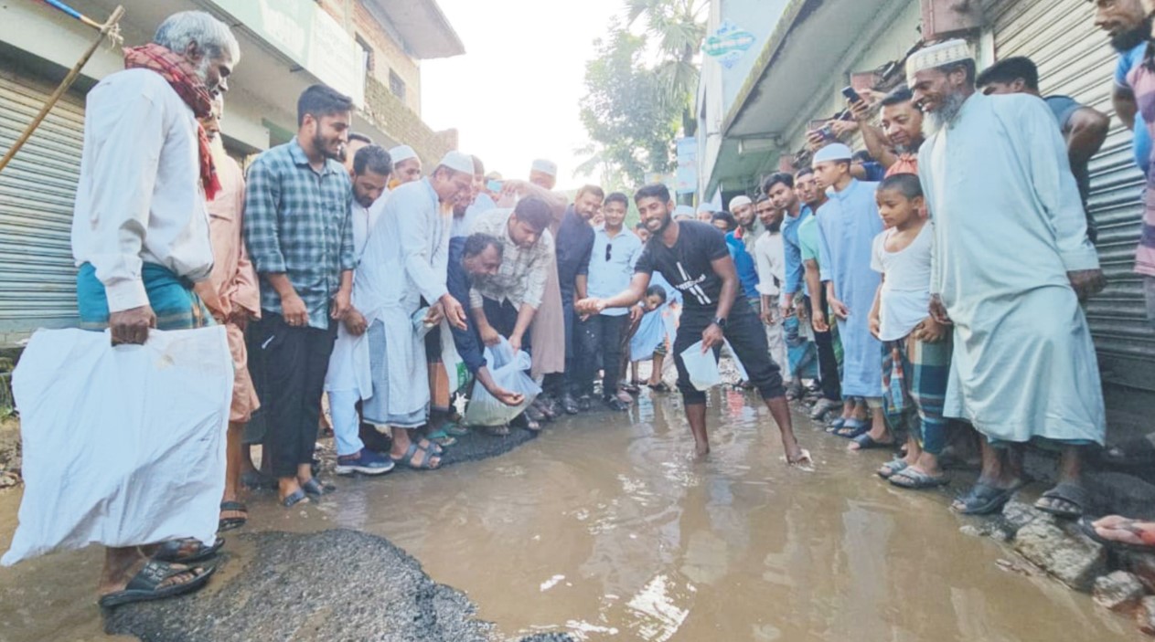   ভাঙাচোরা সড়কে মাছ ছেড়ে  হাসনাত আবদুল্লাহর প্রতিবাদ